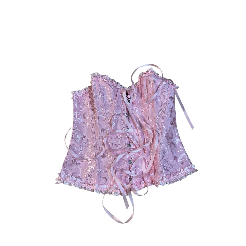 Womens Pink Brocade Jacquard Corset Bustier Lace Up‎ Ruffle Trim Boned